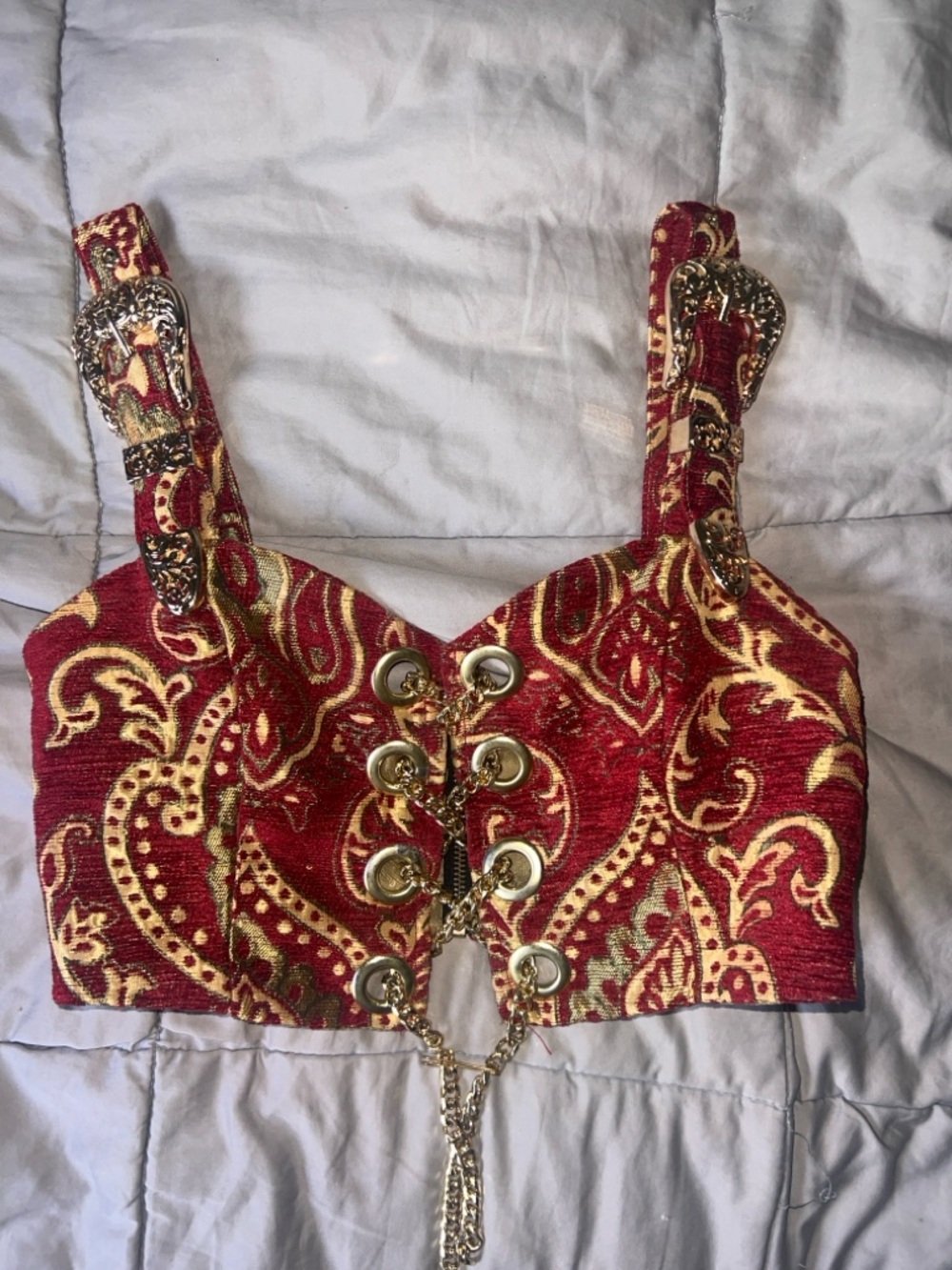 Red and gold fabric material Lace-Up Crop Top with Gold Chain Detail AND skirt - Picture 2 of 12